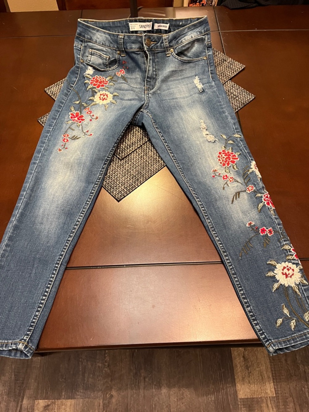 Sandpiper Women's Blue Skinny Jeans with Red Floral Embroidery